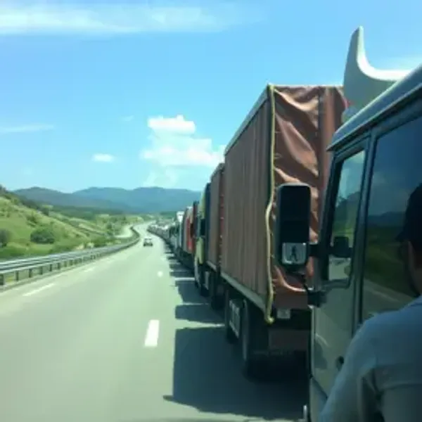 Fila de caminhões no acostamento da Anchieta, em frente à Bombril, chama a atenção de motoristas